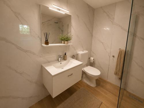 a bathroom with a sink and a toilet and a mirror at Ranč Zlatne niti by Acin salaš in Tordinci