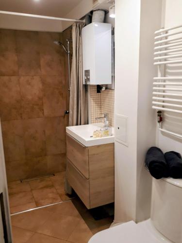 a bathroom with a toilet and a sink and a shower at Studio park Katowice/Chorzów in Chorzów