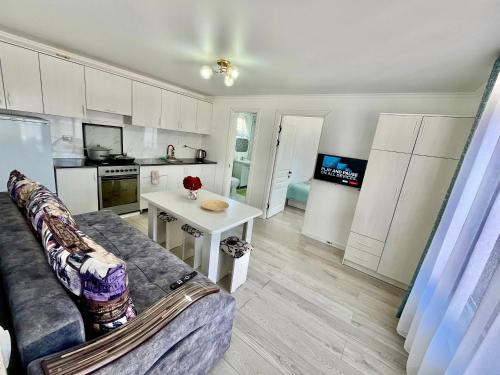 a living room with a couch and a table in a kitchen at Sunrise House in Cholpon-Ata