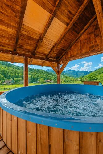 a hot tub in a wooden house with a wooden roof at Casa LA CIOTIC in Săcuieu