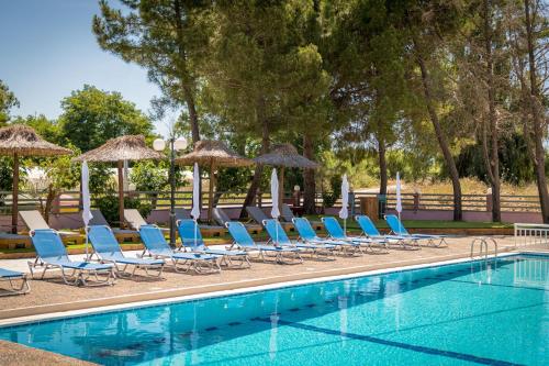a pool with blue lounge chairs and umbrellas at Apollo Hotel in Laganas