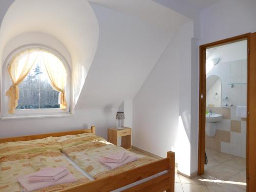 een slaapkamer met een bed, een raam en een badkamer bij Penzion Petko in Dolný Smokovec
