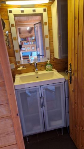 a bathroom with a sink and a mirror at Feriennest Buendorf in Dahlenburg