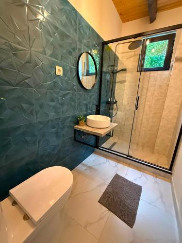 a bathroom with a shower and a toilet and a sink at Complex Turistic Hor'A in Slănic