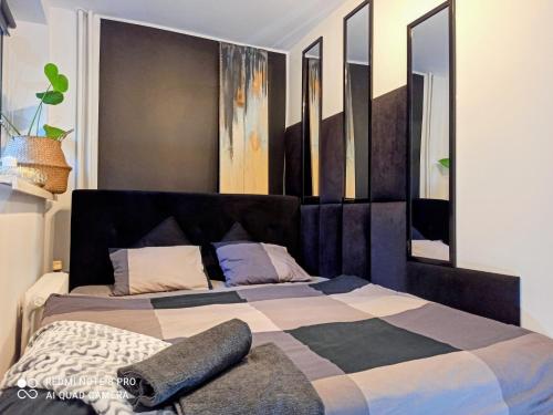a bedroom with a large bed with a black headboard at Studio Park Śląski Katowice/Chorzów in Chorzów