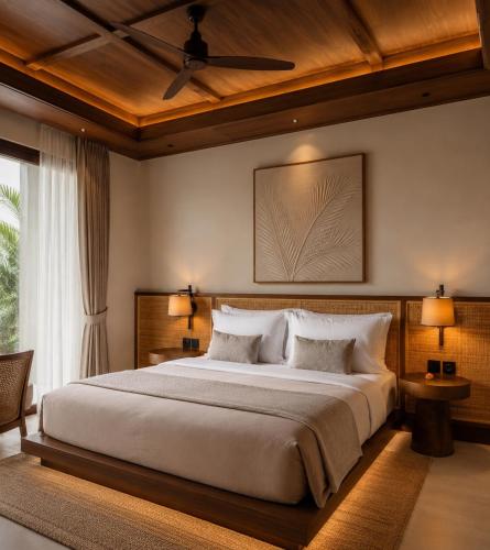 a bedroom with a large bed with a ceiling fan at Kingfisher Beach Resort-Yala Safari in Kirinda