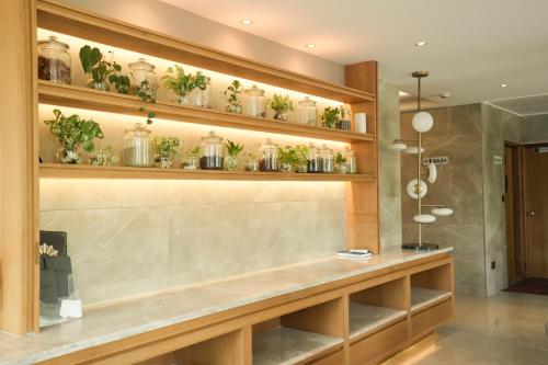 a home office with potted plants on the wall at Raj Regent Manarcadu in Kanjirapalli