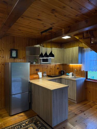 a kitchen with a stainless steel refrigerator and wooden walls at Domki Pod Lasem in Macharce