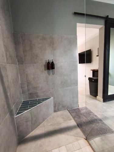 a bathroom with a shower with a glass wall at Unit 9 Dinas Accommodation Oranjemund in Oranjemund