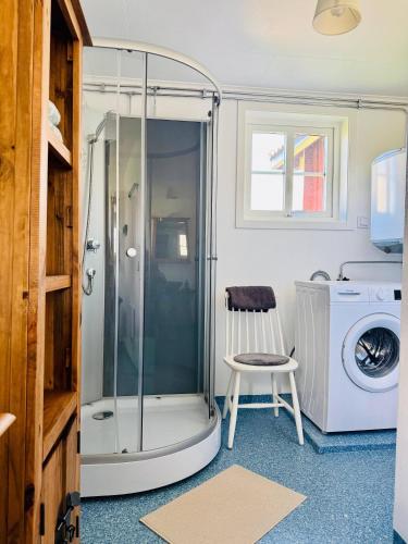 a bathroom with a shower and a washing machine at Haus Sommerlycka in Fågelfors