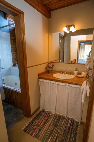 a bathroom with a sink and a tub and a mirror at El lugar de la Flor in San Carlos de Bariloche