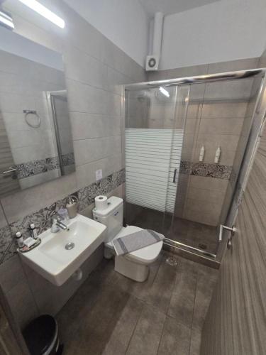 a bathroom with a toilet and a sink and a shower at Christina Studios & Apartments in Parga