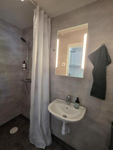 a bathroom with a sink and a shower with a mirror at Lyckebo in Tyresö