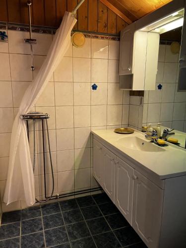 a bathroom with a sink and a shower at Såmmårstuggu in Røros