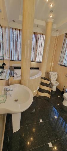 a bathroom with a sink and a tub and two toilets at LeoneG in Năvodari
