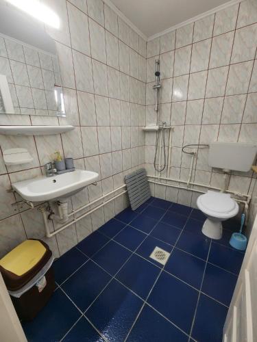 a bathroom with a sink and a toilet and blue floor at La Livadă in Vama Veche