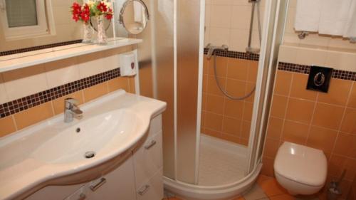 a bathroom with a shower and a sink and a toilet at Hotel Aquapark Žusterna in Koper