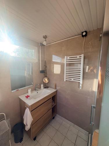 a bathroom with a sink and a mirror at La roulotte de Clemence in Montfermy