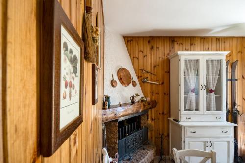 a living room with wooden walls and a fireplace at Un piccolo nido accogliente in Fanano