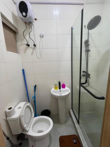 a bathroom with a shower and a toilet and a sink at Tiny Studio Apartment with Pool and gym in Lekki