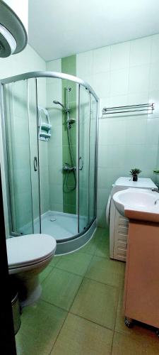a bathroom with a shower and a toilet and a sink at Апартамент ШАХОВ in Tŭnkovo