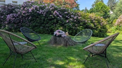 two chairs and a tree stump with a vase of flowers at Oberlausitz Glück - gemütliche Ferienwohnung in ruhiger Lage mit Garten und Kamin in Sohland