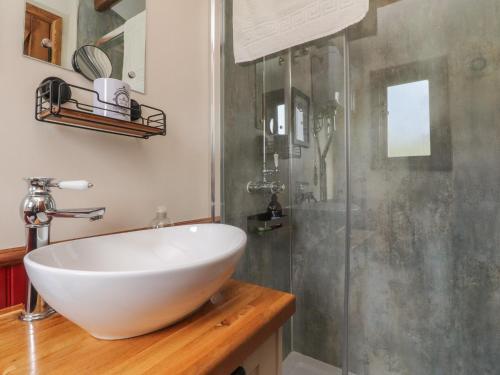 a bathroom with a white sink and a shower at The Herdsman Luxury Shepherds Hut in Barnoldswick