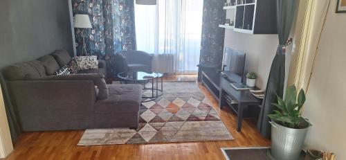 a living room with a couch and a tv at Sunny Central Apartment in Sofia