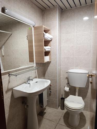 a bathroom with a sink and a toilet and a mirror at Hotel Tourist - Metropol Lake Resort in Ohrid