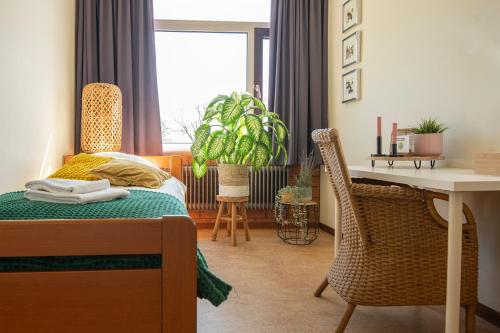 a bedroom with a bed and a desk and a table at Het Huis van Bewustzijn in Limmen