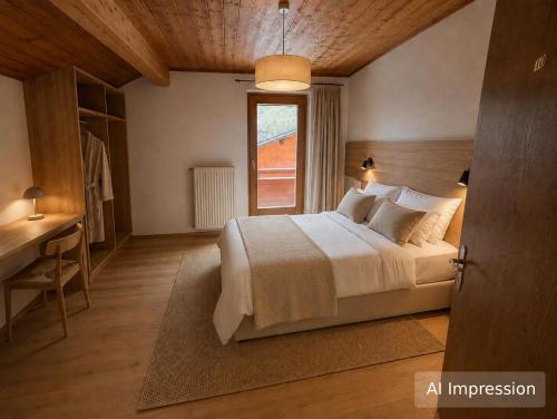 a bedroom with a bed and a desk and a window at Haus Lina in See