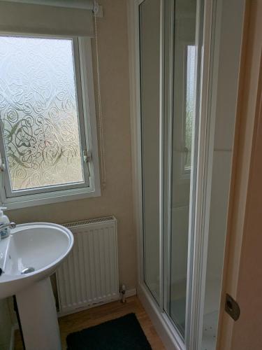 a bathroom with a shower and a sink and a window at Ocean View in Aberaeron