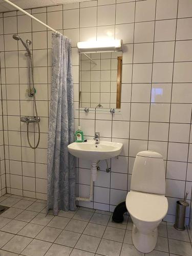 a bathroom with a toilet and a sink at Svenningdal Camping in Svenningdal