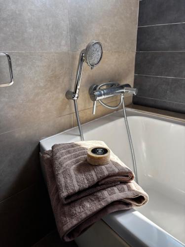 a towel sitting on the edge of a bath tub at Luminous Home in Vari