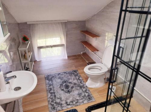 a small bathroom with a toilet and a sink at Bus Station Hostel in Peje