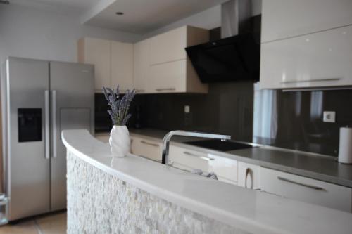 a kitchen with a counter with a sink and a refrigerator at Ana & Marija in Kaštela