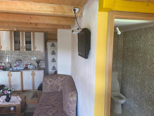 a living room with a couch and a tv on a wall at Prokoško jezero Zlatna koliba in Fojnica