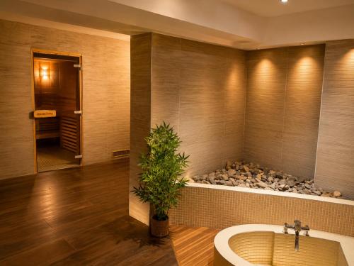 a bathroom with a bathtub with a rockuilt at Hotel Karolinka in Karpacz