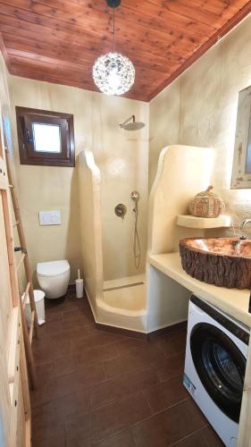 a bathroom with a shower and a toilet and a sink at LavenderFarmhouse 2 in Nafpaktos