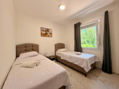 two beds in a room with a window at Captain's Oasis in Budva