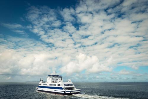 a white boat in the water under a cloudy sky at Ferienwohnung Wattwurm Ockholm in Ockholm