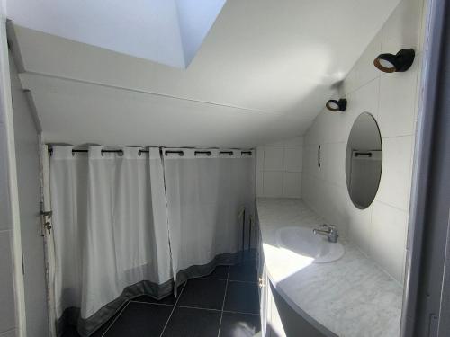 a bathroom with a sink and a shower and a mirror at Feutres et Formes in Bourg-de-Péage
