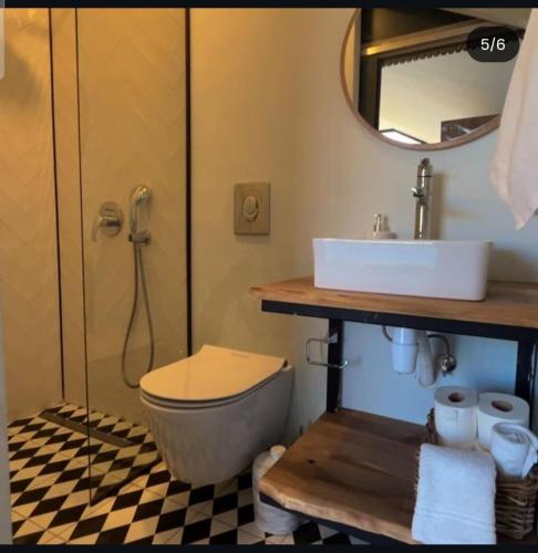 a bathroom with a toilet and a sink and a mirror at Villa Han Selimiye in Selimiye