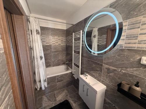 a bathroom with a sink and a mirror at Apartmány Adam in Sedlec
