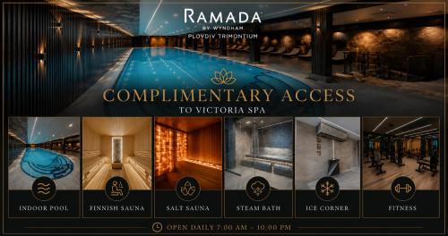 a collage of photos of a swimming pool at Ramada by Wyndham Plovdiv Trimontium in Plovdiv