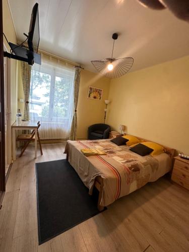 a bedroom with a large bed and a window at Aux Châtaigniers in Langon