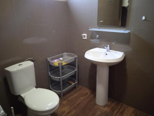 a bathroom with a white toilet and a sink at Вилла Загора in Neodi