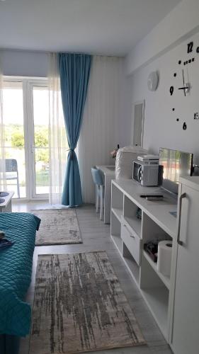 a white room with a kitchen and a bedroom at Studio Lucian in Douăzeci şi Trei August