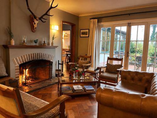 a living room with a couch and a fireplace at Hotel El Ciervo in Villarrica