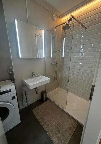 ein Badezimmer mit Dusche, Waschbecken und Toilette in der Unterkunft Shiraz in Lausanne
